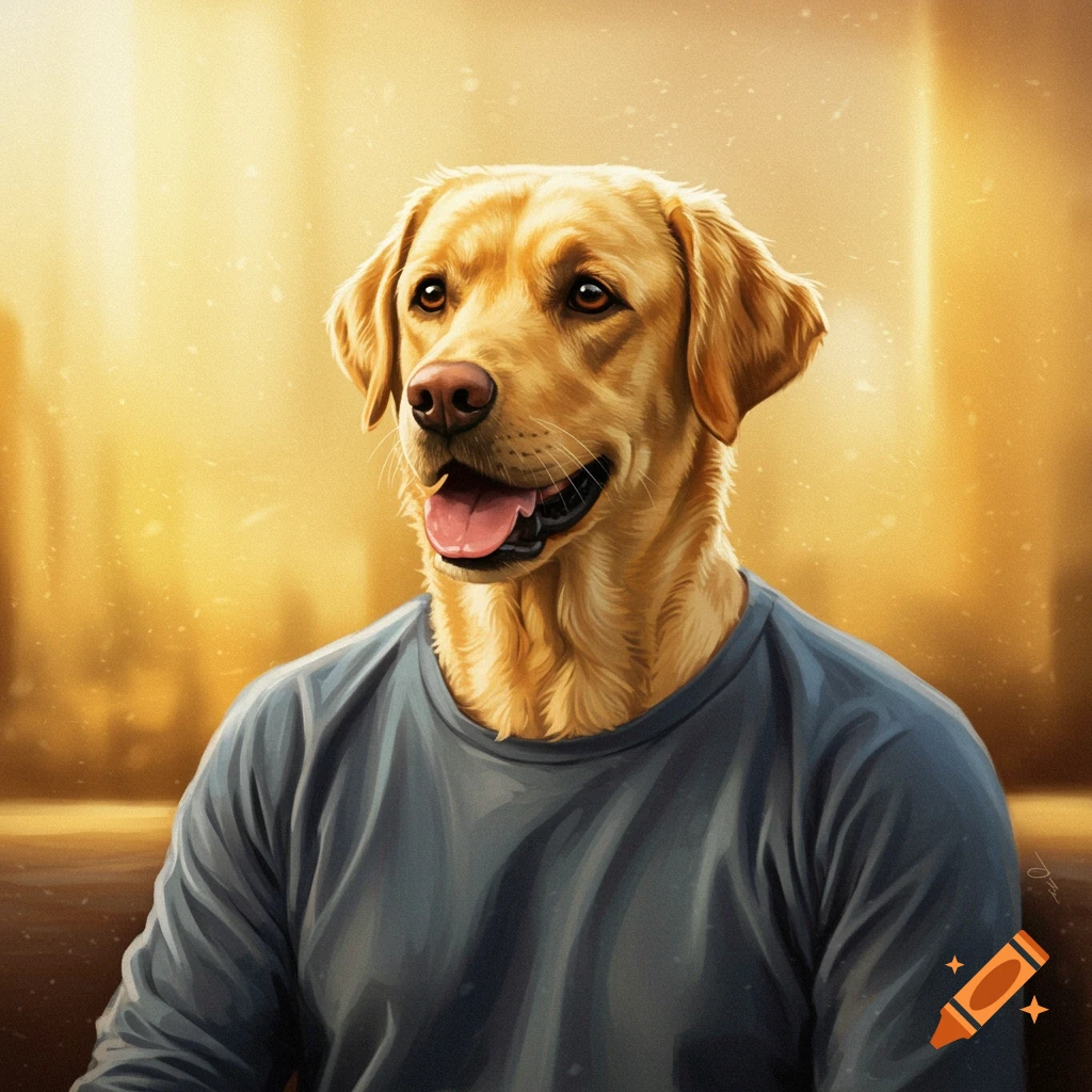 A person with a Labrador head wearing a blue shirt.