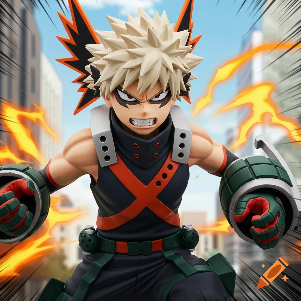 Detailed figure of Bakugo from My Hero Academia in an action pose with explosion effects