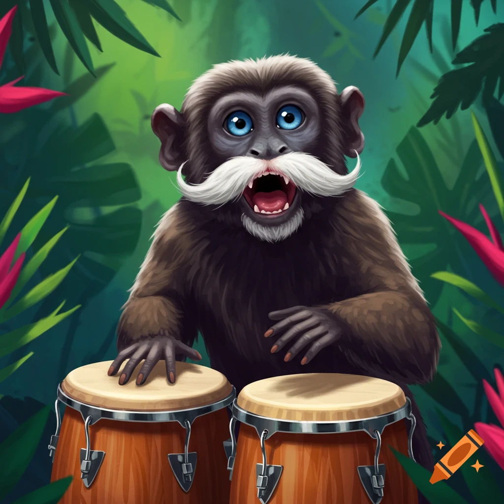 Cartoon monkey with a mustache playing congas in a jungle.
