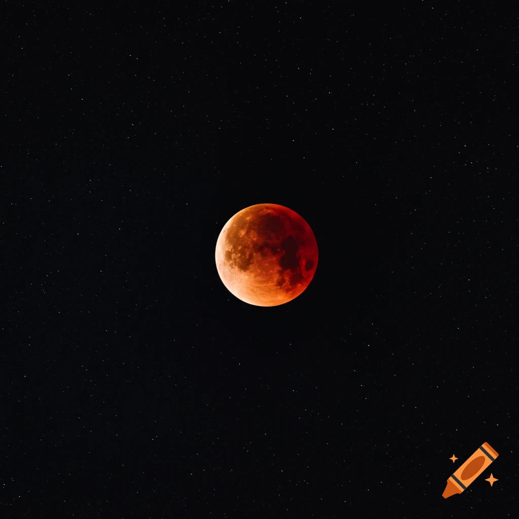 A blood moon hangs in a starry night sky
