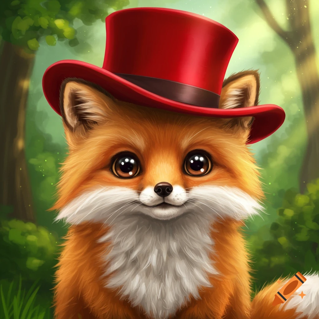 A cute fox wearing a red top hat in a forest.