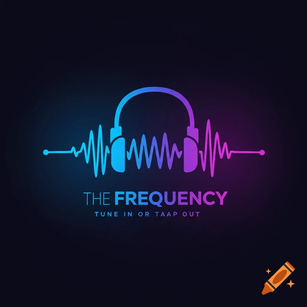 Logo design with blue and purple gradient headphones and soundwave.
