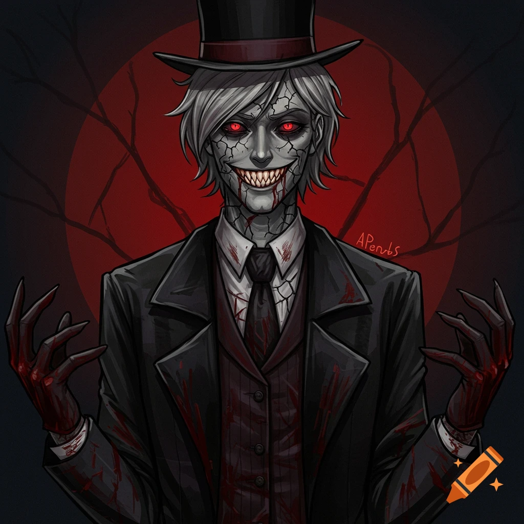 A creepy humanoid figure with cracked skin, sharp teeth, and red eyes, wearing a black suit stained with blood.