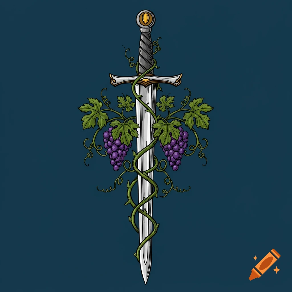 Illustration of a sword with grape vines wrapped around it in a heraldic style.