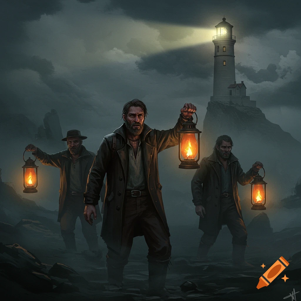 Three men holding lanterns, looking towards a lighthouse in fog.