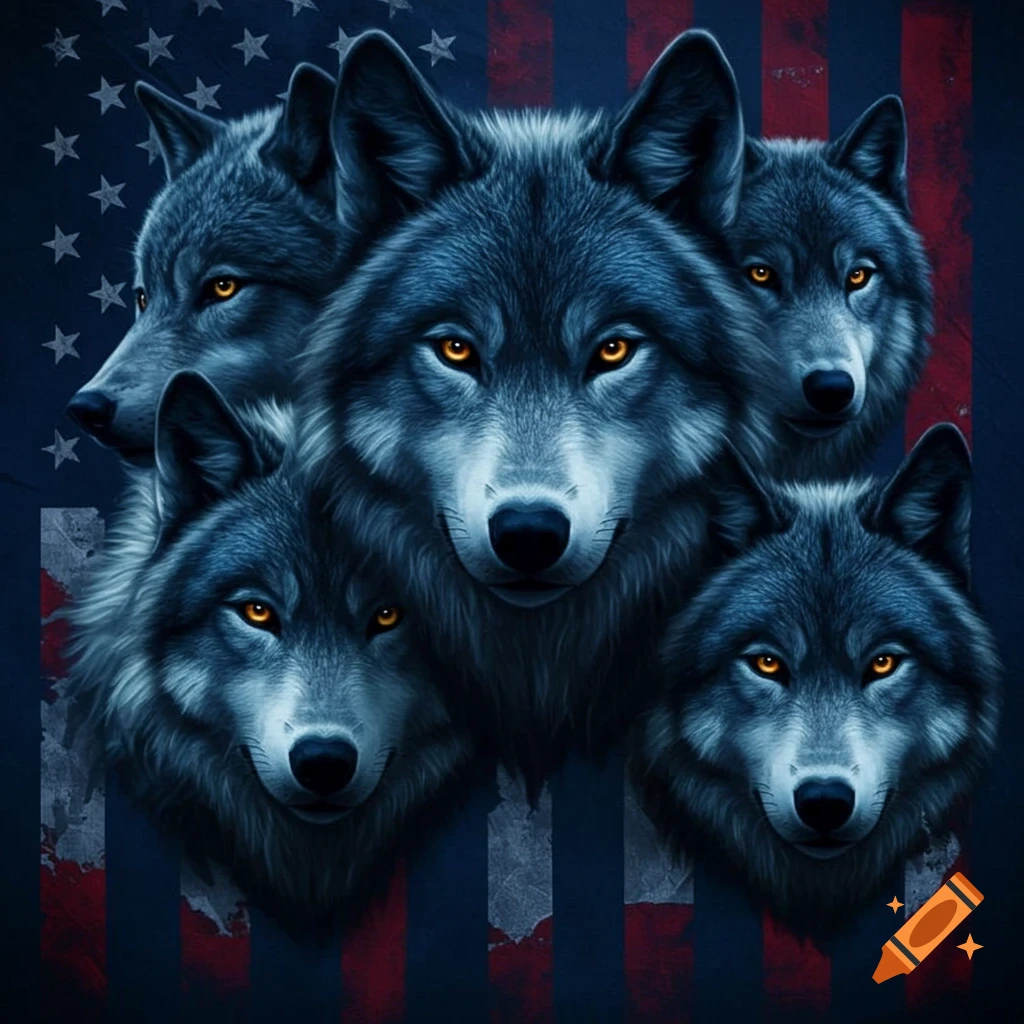 Multiple wolves against a distressed American flag background.