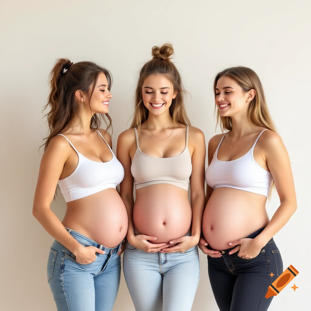 Three smiling pregnant women in sports bras and jeans standing together.
