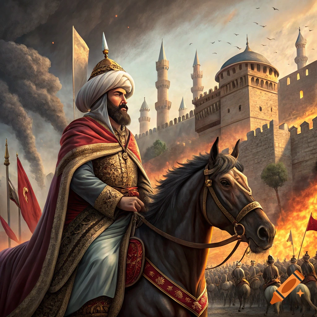 Ottoman leader on horseback leading army towards a city under siege, historical illustration.