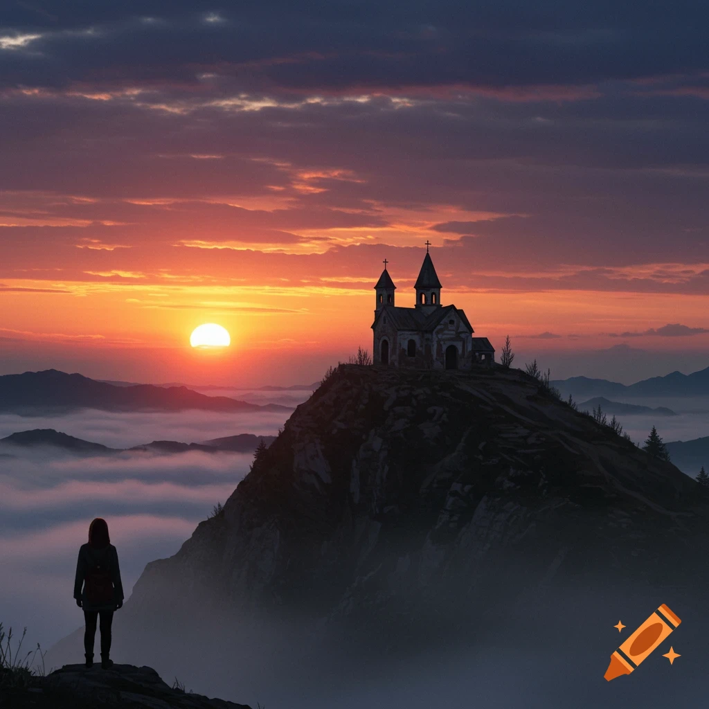 A person stands on a misty mountain at sunset, gazing at a distant church.