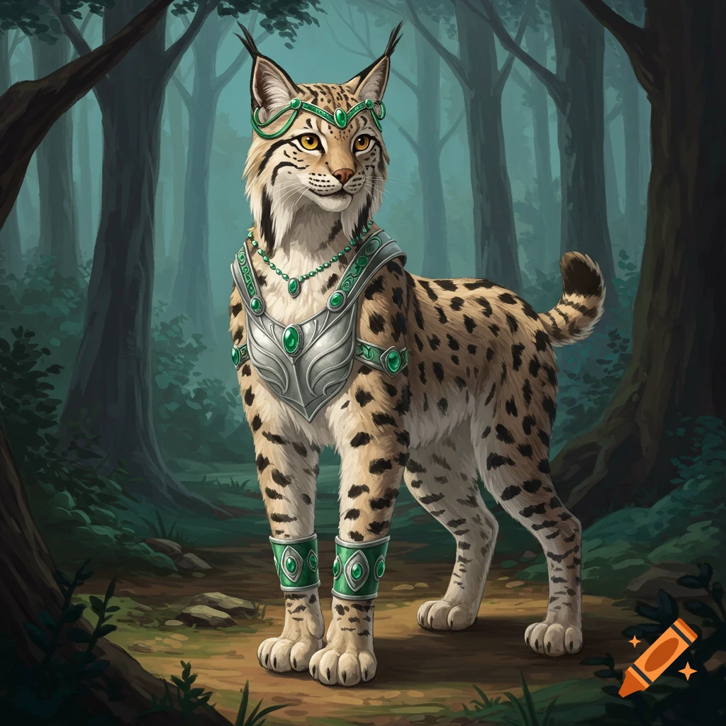Anthropomorphic lynx warrior in emerald and silver armor stands in a forest.
