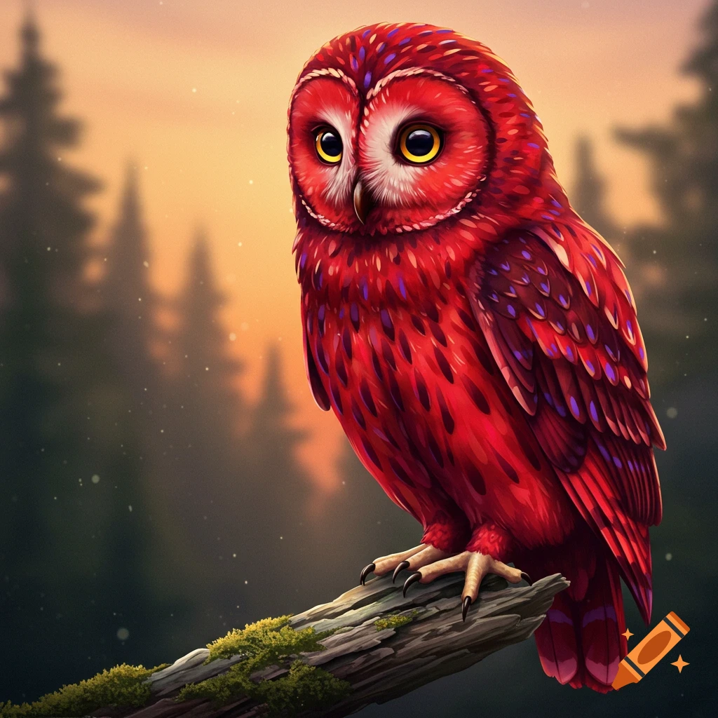 A vibrant red and purple owl sits on a mossy branch in a forest at sunset.