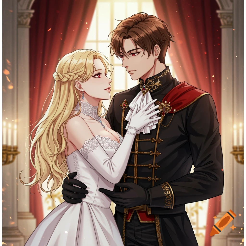 Anime illustration of a couple in fantasy royal attire dancing.