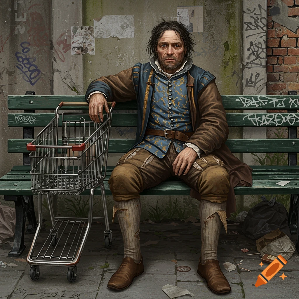 A man in 15th-century clothing sitting on a park bench with a shopping cart in an urban scene with graffiti.