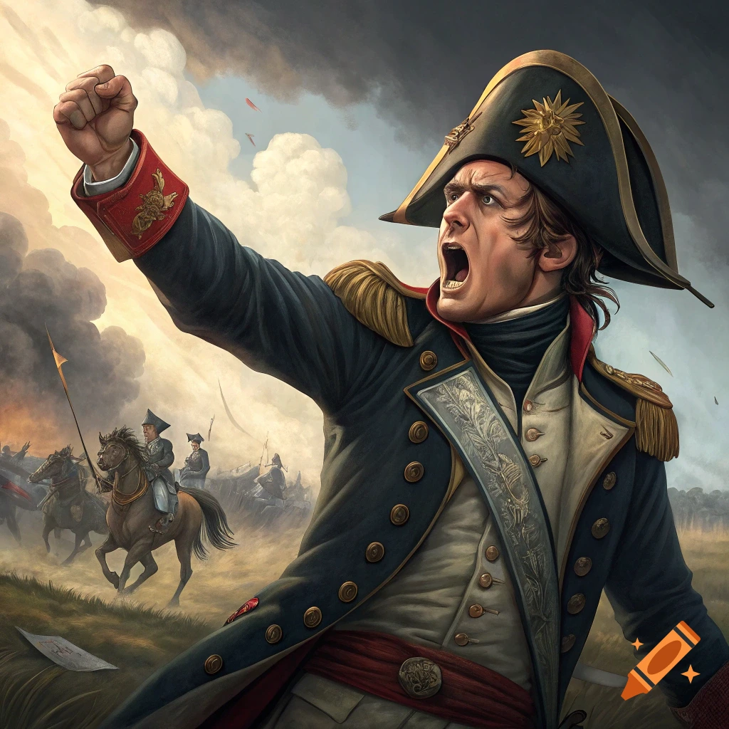 Painting of Napoleon in uniform raising a fist and shouting during a battle.