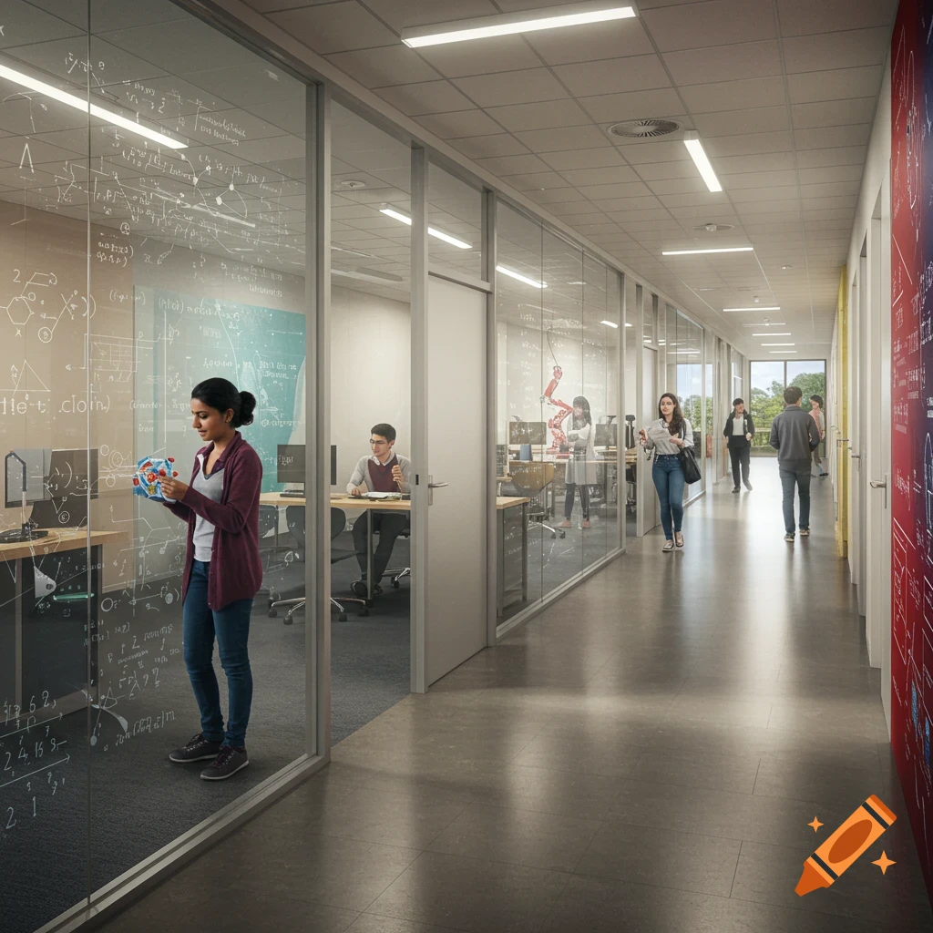 A STEM school hallway is shown with students, equations on glass walls, and a robotic arm.