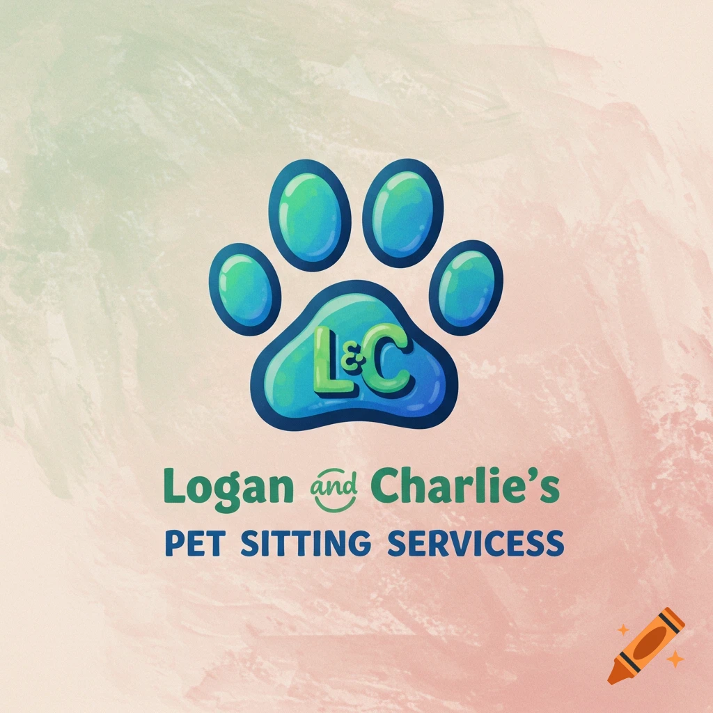A logo features a blue and green paw print with 'L&C' inside, above the text 'Logan and Charlie's Pet Sitting Servicess'.