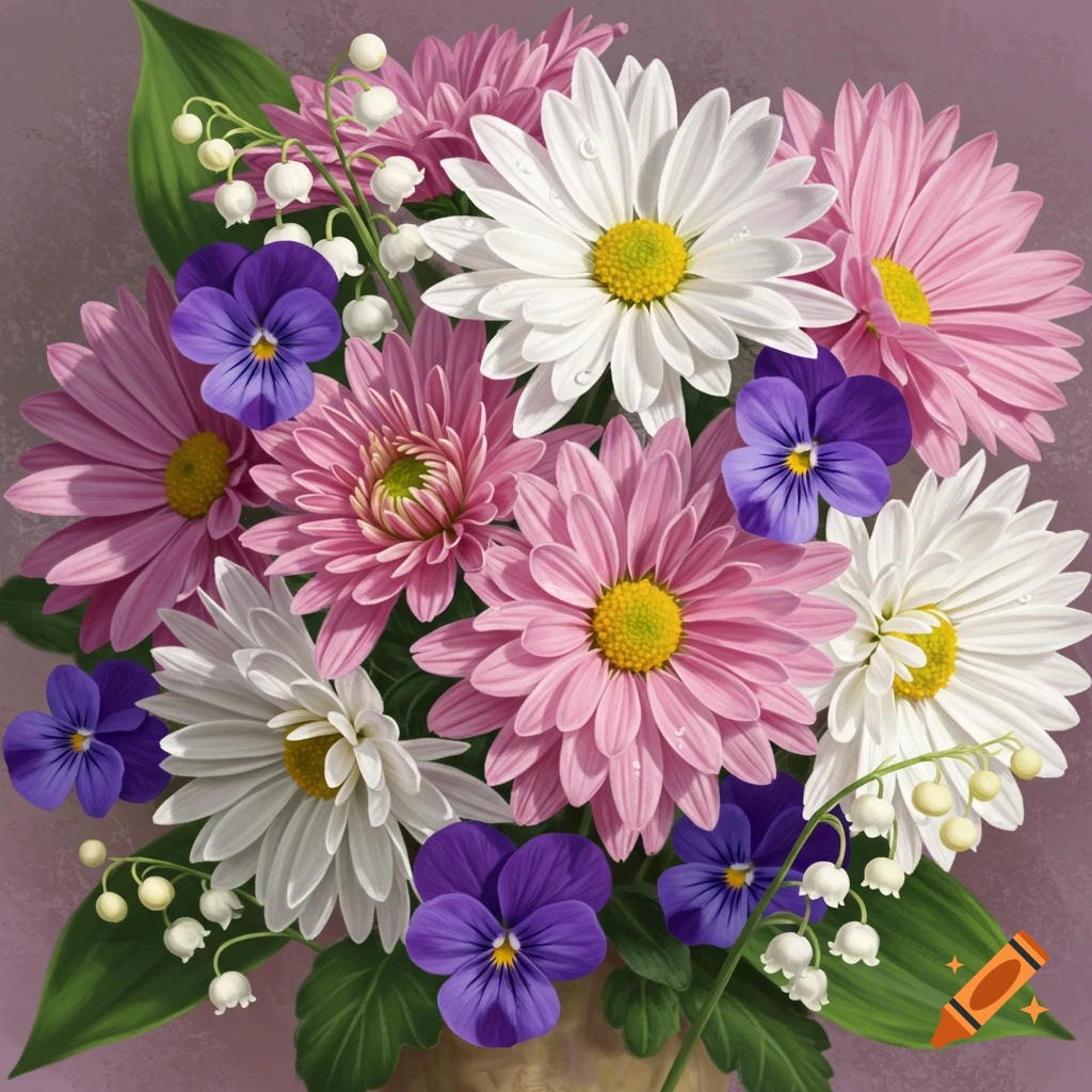 A bouquet with pink and white chrysanthemums, purple violets, and white lily of the valley.