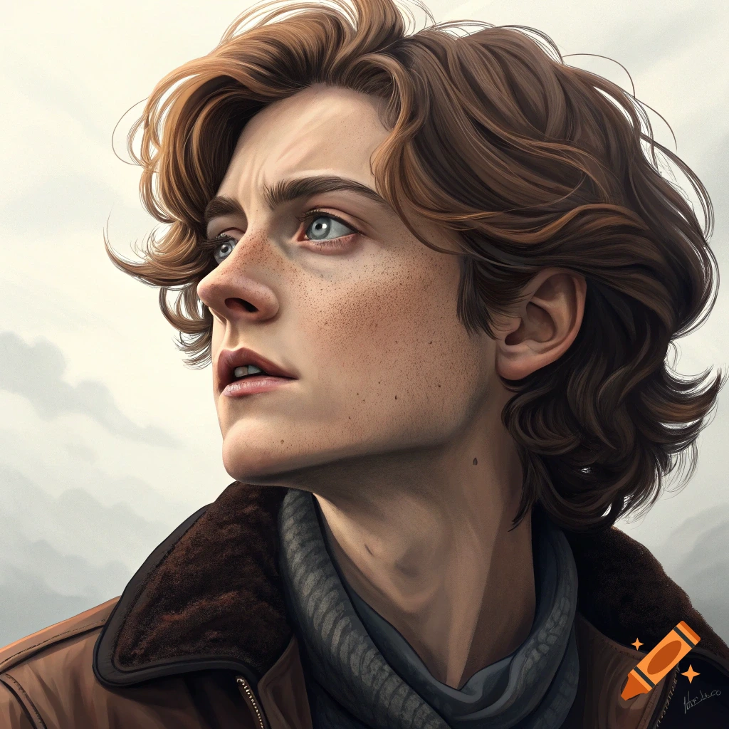 A detailed portrait illustration of a young man with freckles and brown wavy hair looking up.