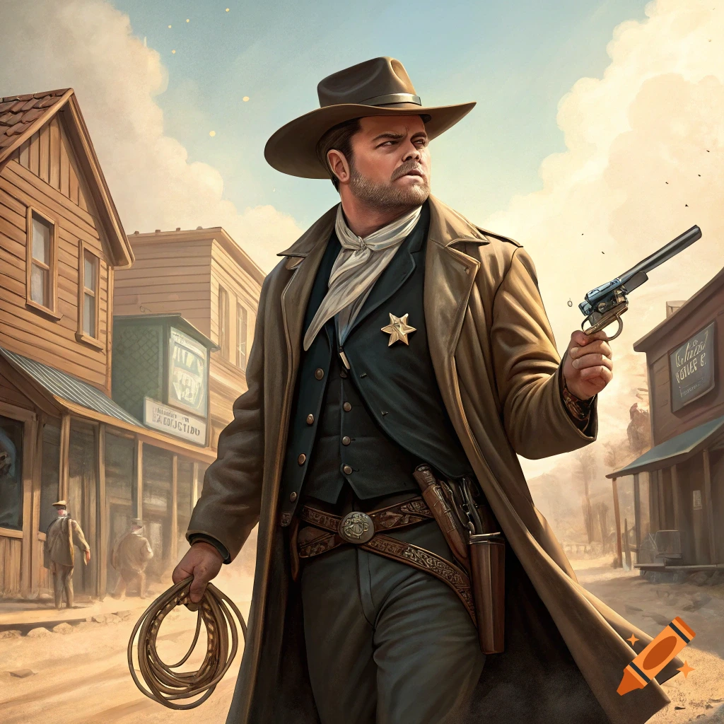 A US Marshall in a brown coat and cowboy hat holds a gun and rope in an old Western town.