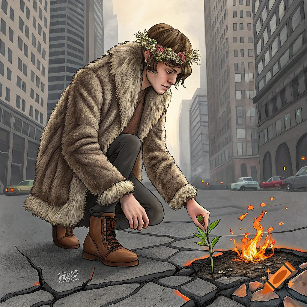 Illustration of a man in a fur coat and flower crown tending a plant growing from a cracked city street near flames.