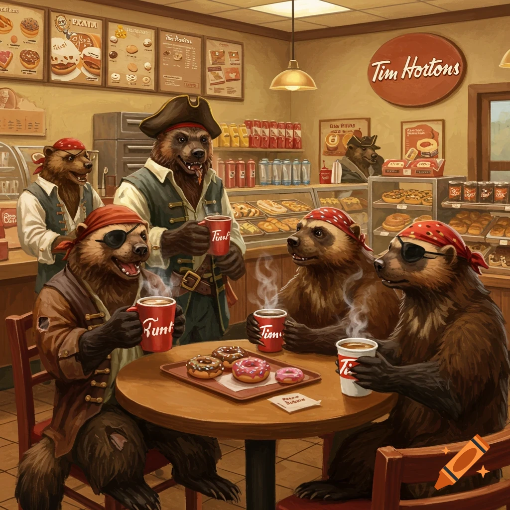 Pirate wolverines drinking coffee and eating donuts in a Tim Hortons.