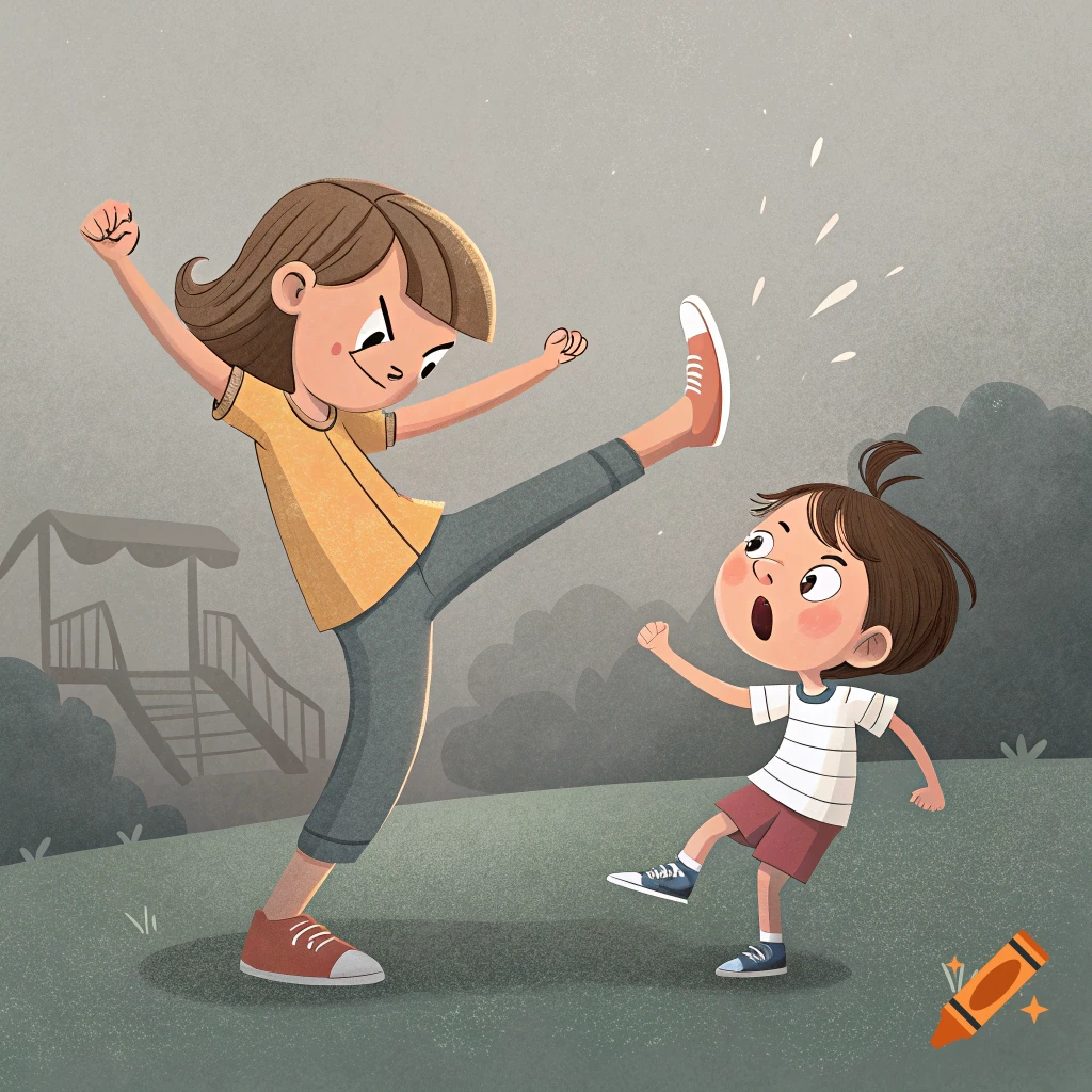 A cartoon illustration of a girl kicking another child in a park setting.
