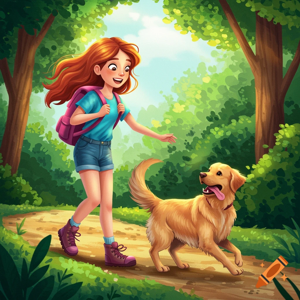 A young girl with a backpack hikes with her golden retriever dog on a forest path.