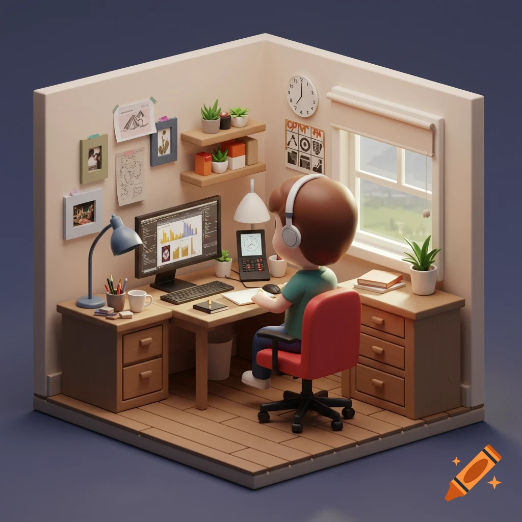 Chibi character working at a desk in a diorama-style room