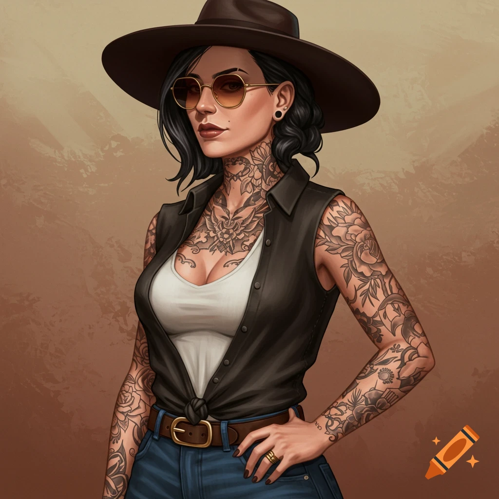 Woman with a hat, sunglasses, vest, and full sleeve/chest tattoos standing with hand on hip.