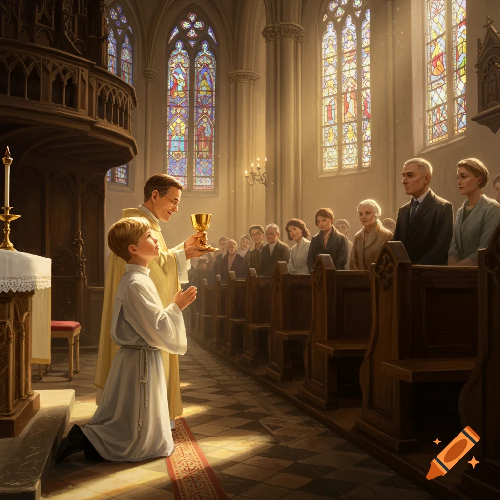 A boy receiving communion from a priest in a church.