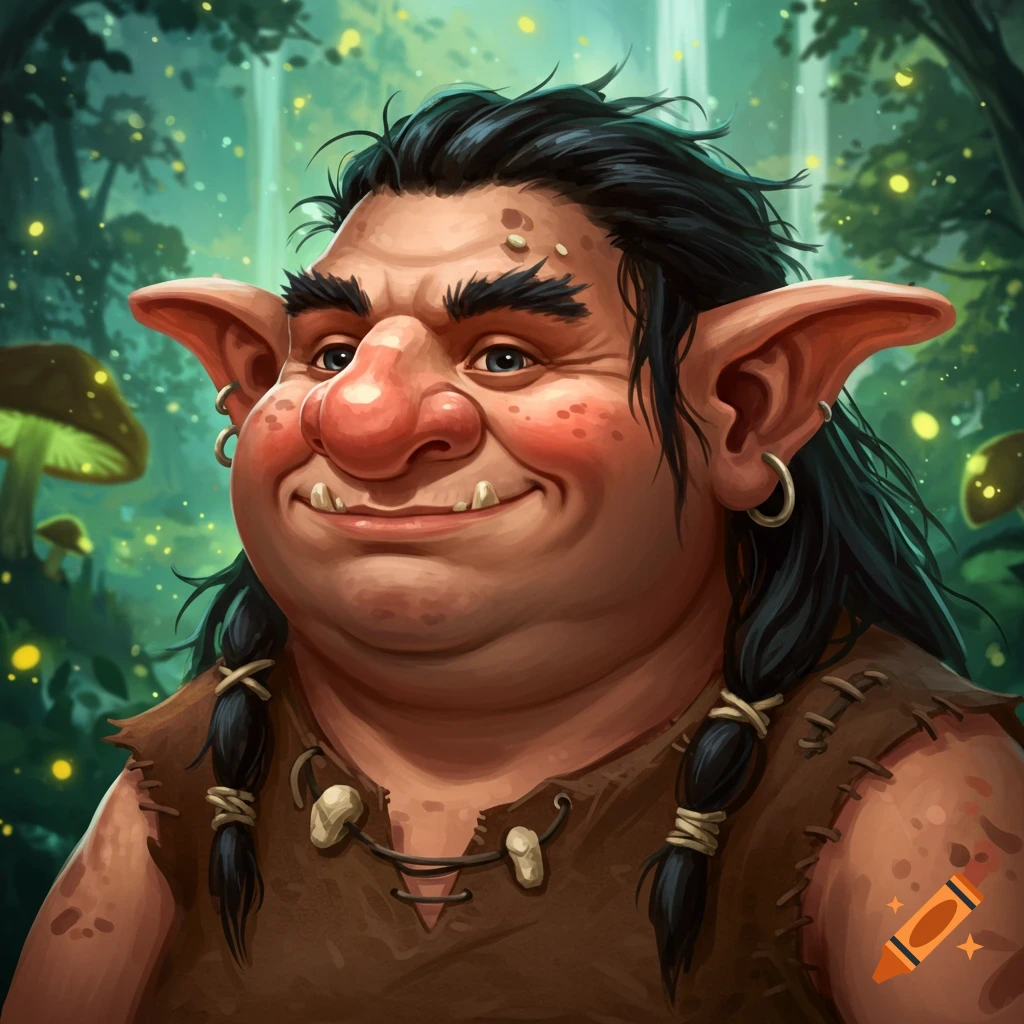 Smiling cartoonish troll with large ears and big nose in a forest setting with glowing lights