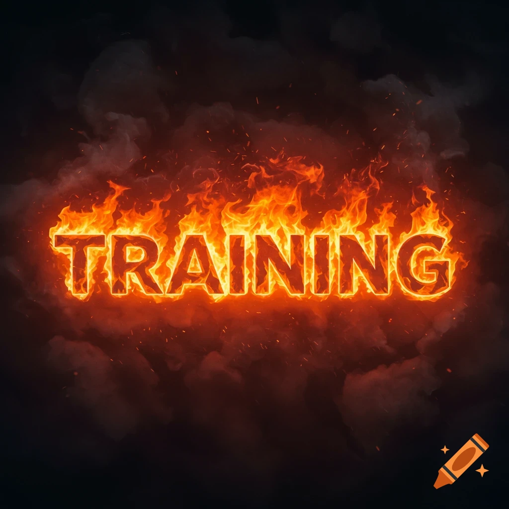 The word TRAINING rendered as fiery letters surrounded by smoke.