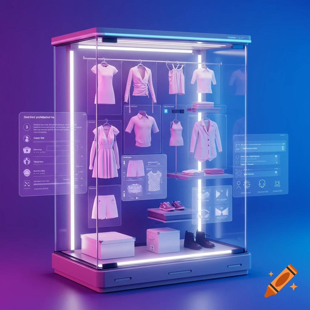 Futuristic glass display case with clothing and holographic screens.