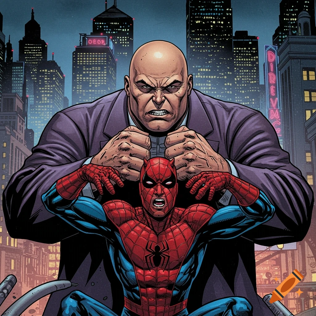 Comic illustration of Kingpin looming over a distressed Spider-Man in a city.