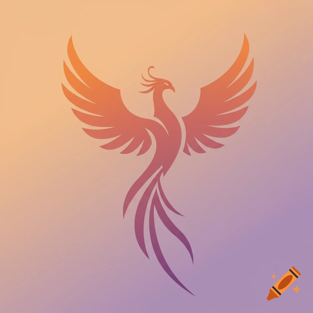 Simplistic symbol of a phoenix with wings spread on a gradient background.