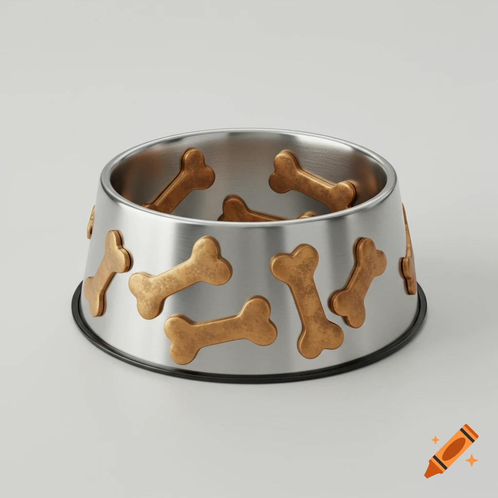 A silver dog bowl filled with golden bone shapes.