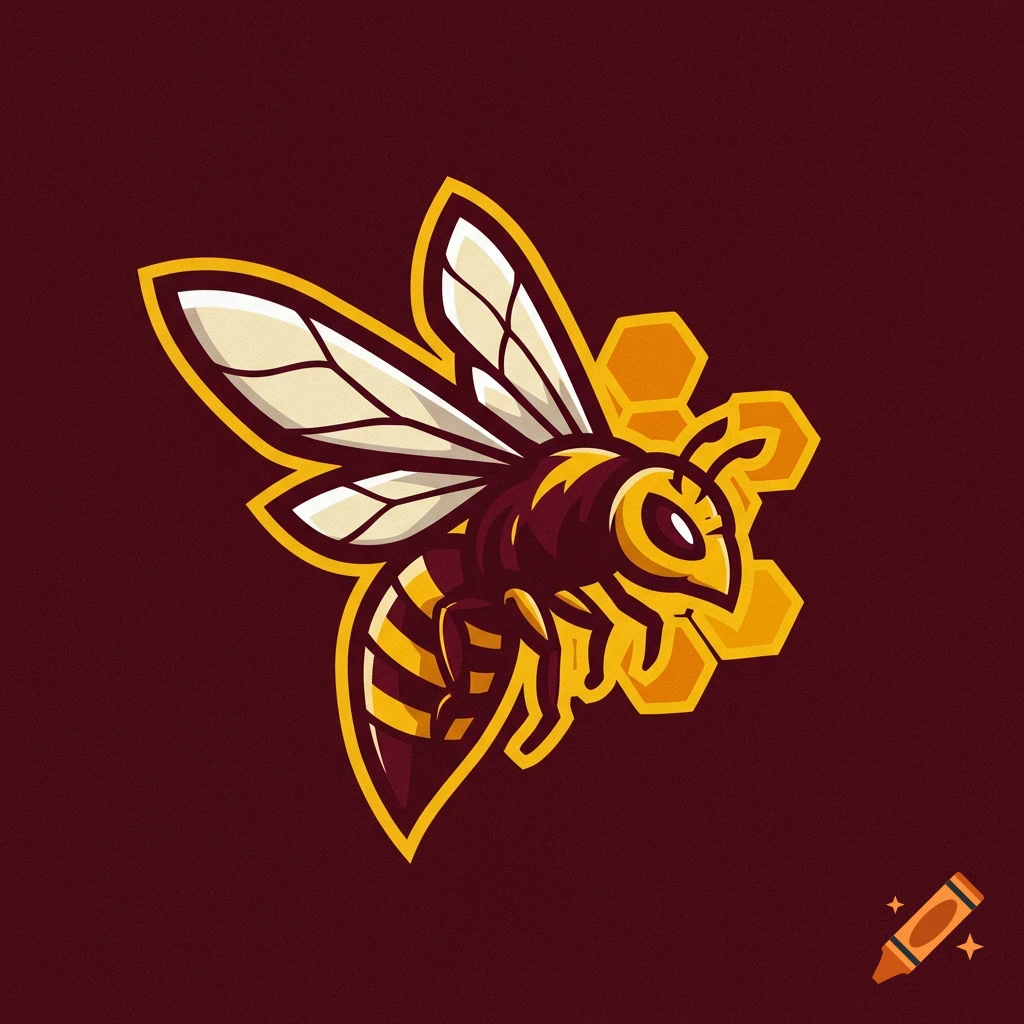 Stylized logo of a bee and honeycomb in maroon and yellow