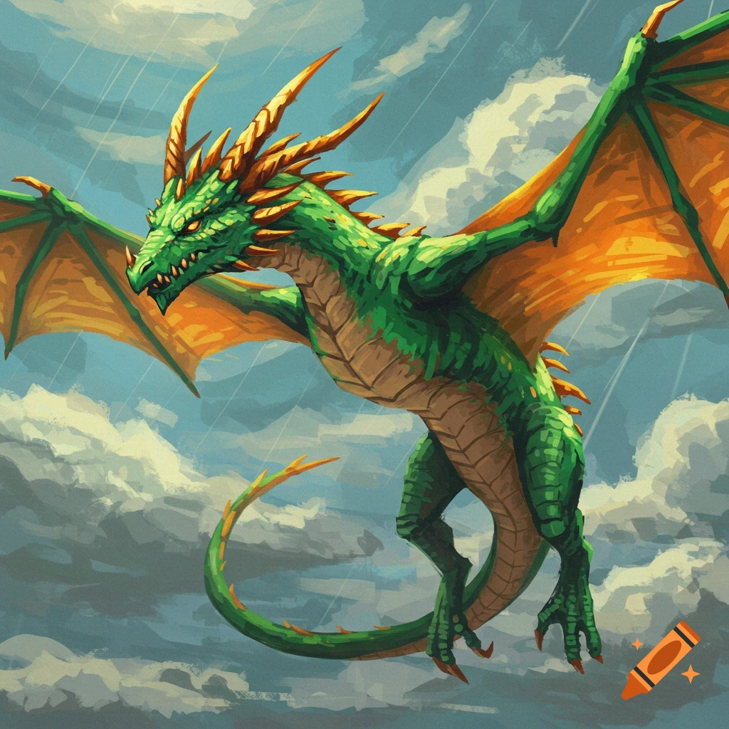 A green and orange dragon flies through a cloudy, rainy sky.