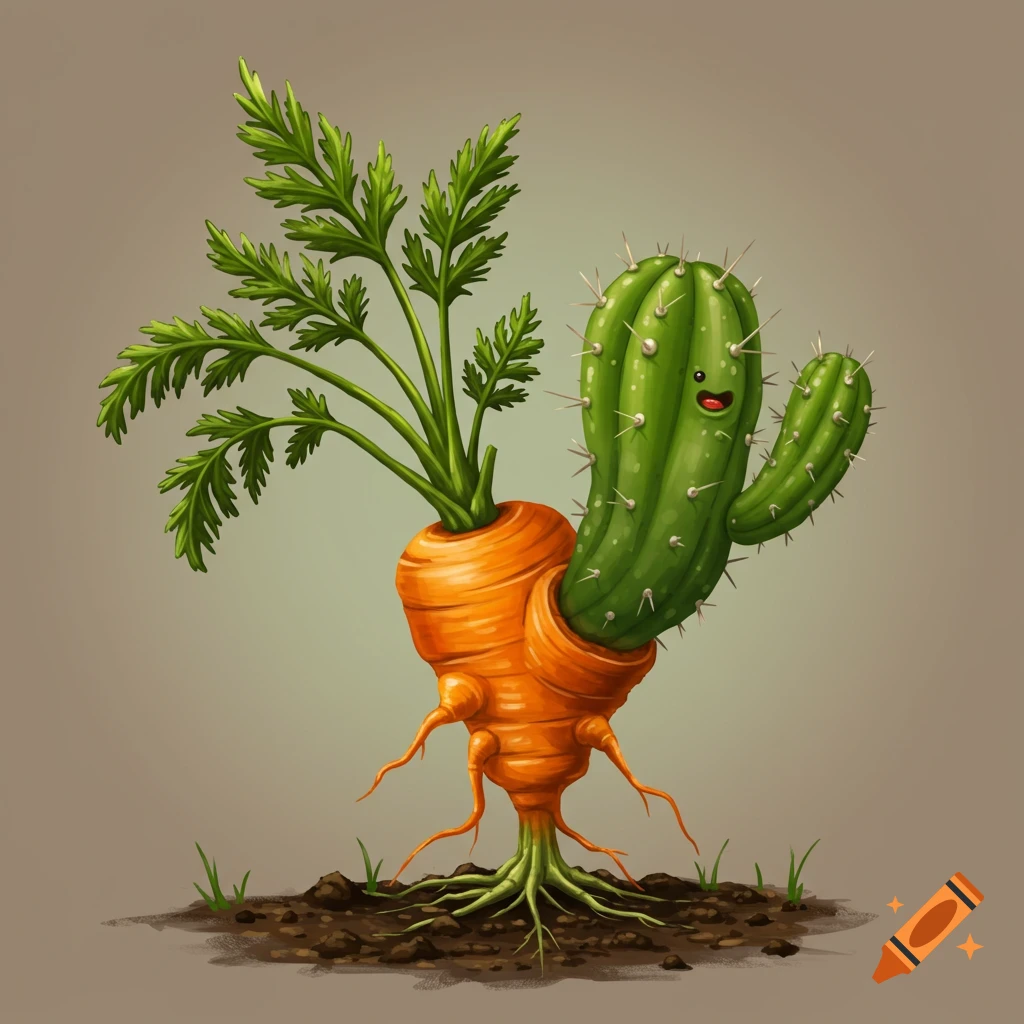 Cartoon illustration of a carrot creature with cactus arms and face, rooted in soil.