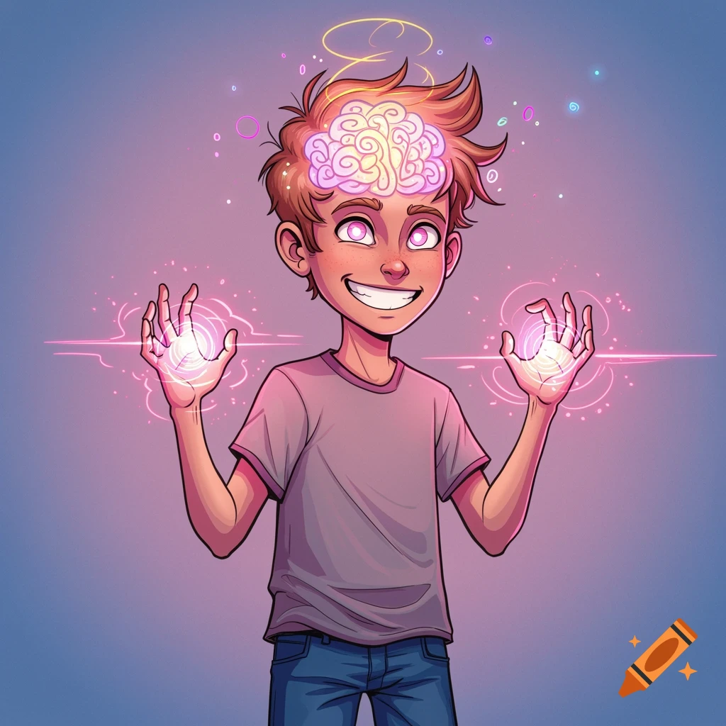 Comic art of a boy with glowing brain and hands radiating psychic energy