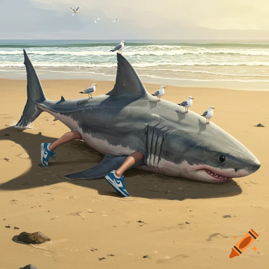 A large shark lies on a sandy beach, with human legs wearing blue Nike shoes protruding from its side. Several seagulls perch on its back and fins.