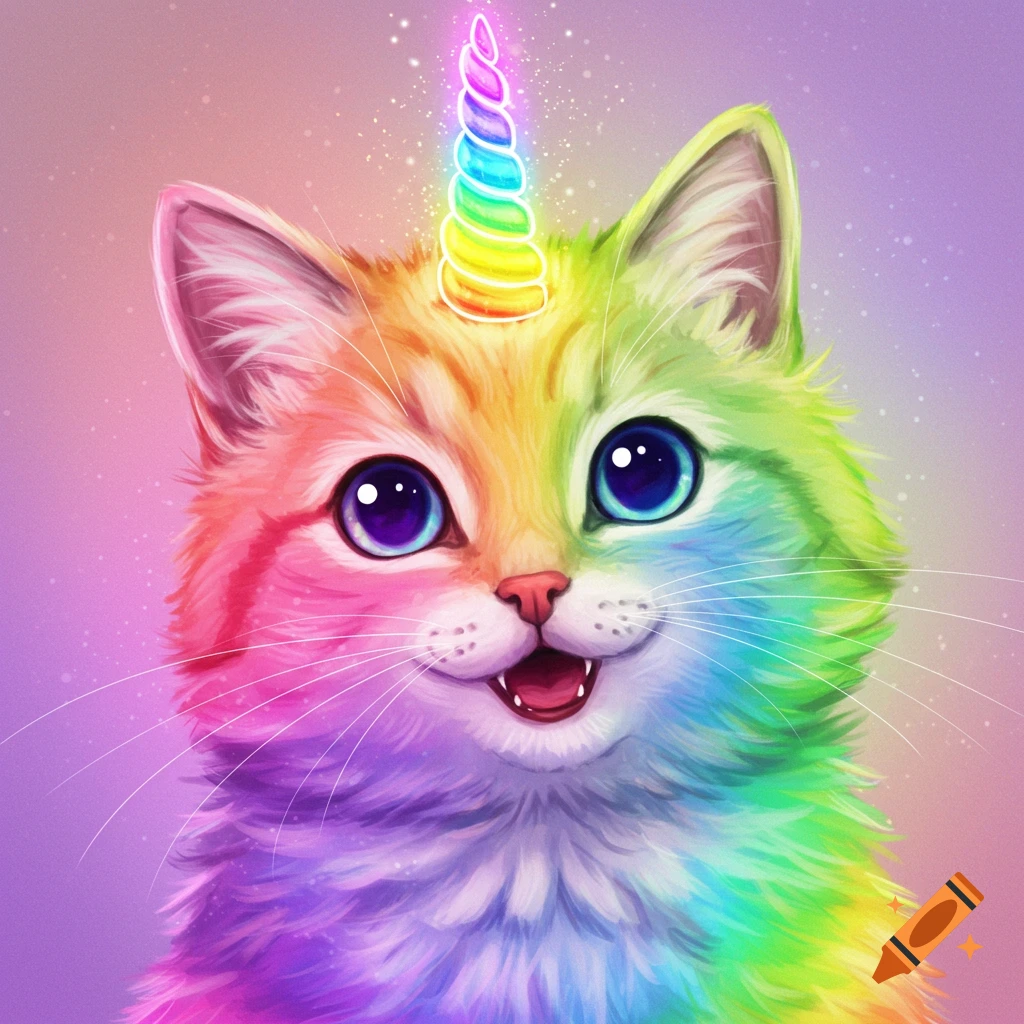 A cute rainbow colored cat with a rainbow unicorn horn.