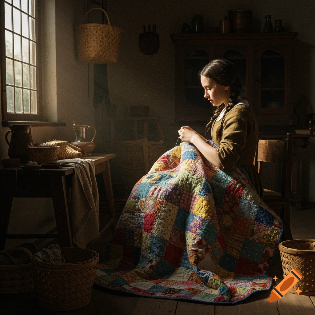 A young woman sits sewing a colorful quilt in a sunlit, historical room.