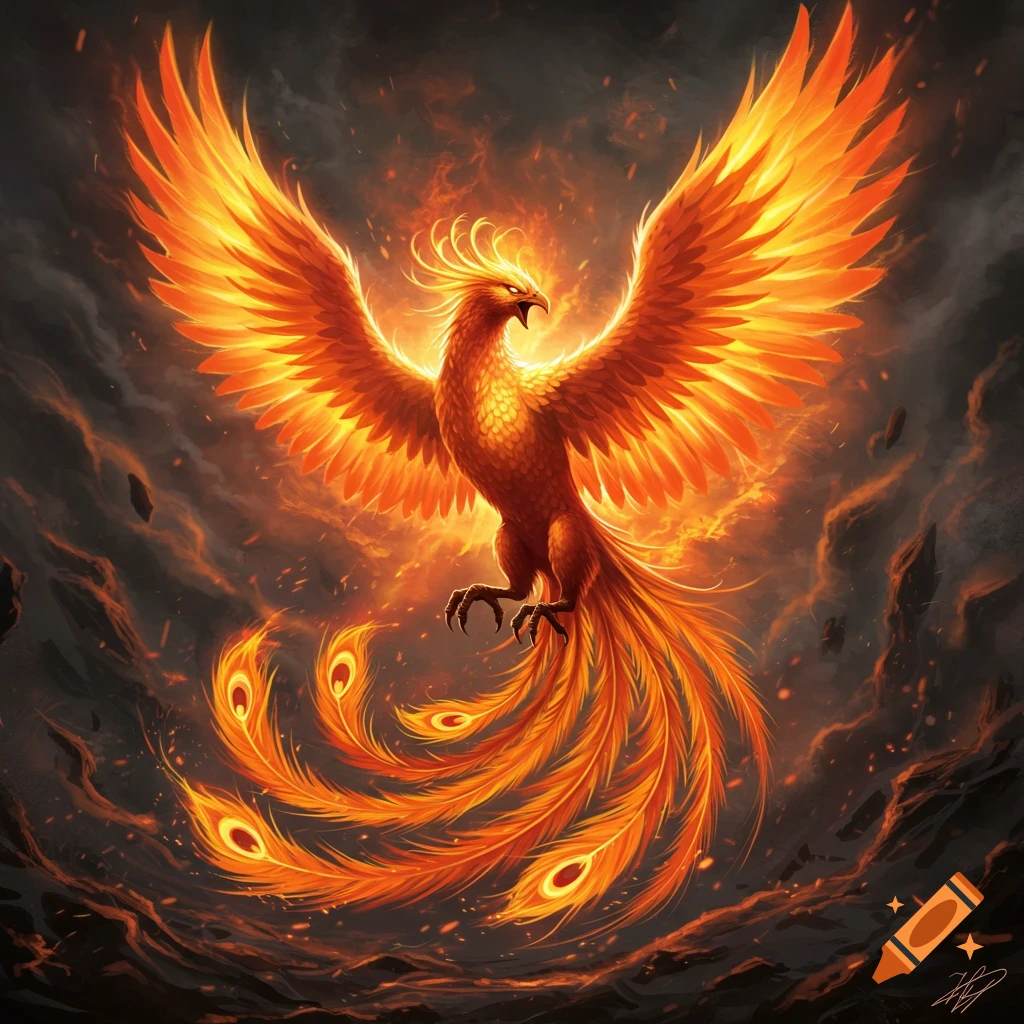 A vibrant fiery phoenix rising with spread wings against a dark, stormy sky.