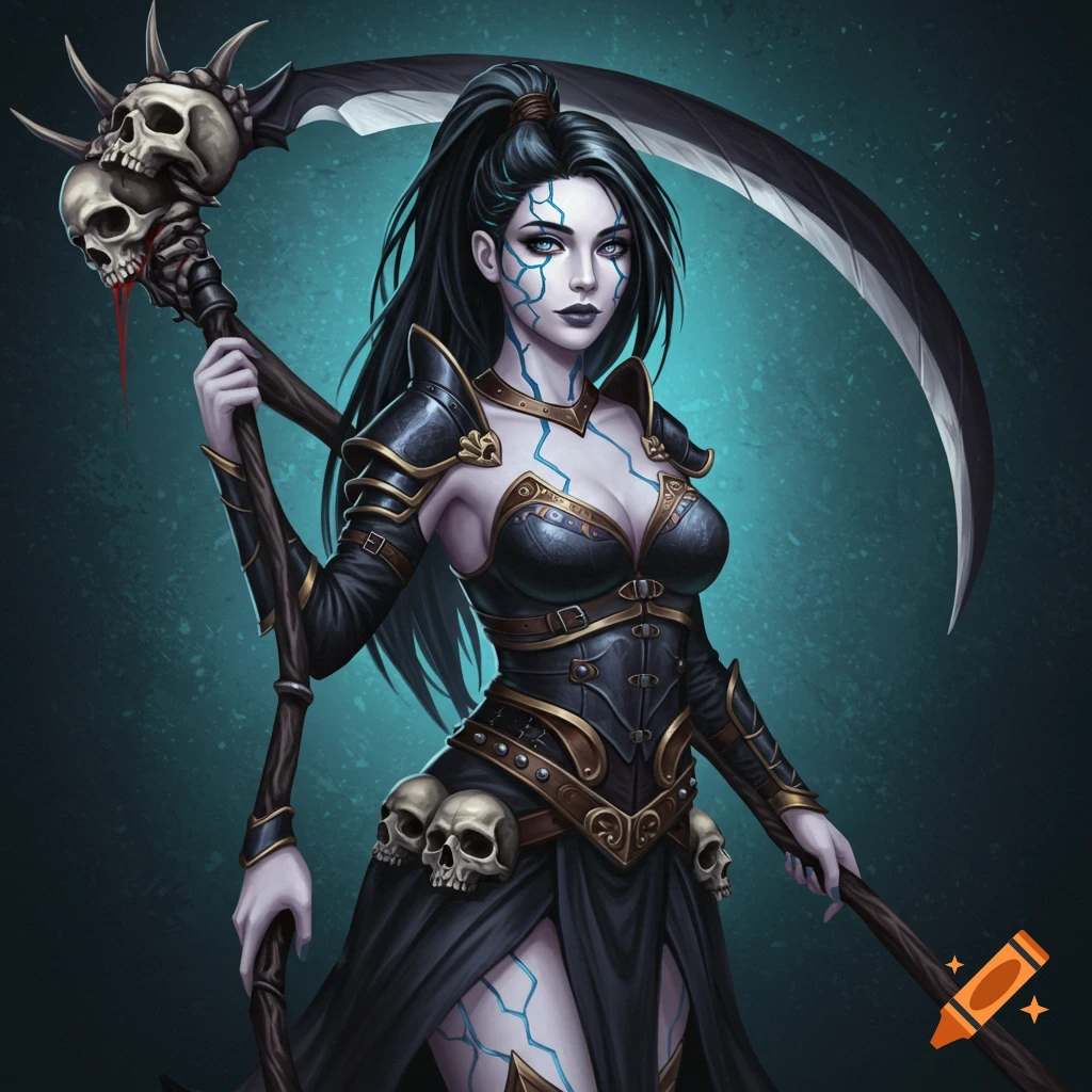 A fantasy woman with cracked skin, long black hair, wearing armor and holding a scythe made of skulls.