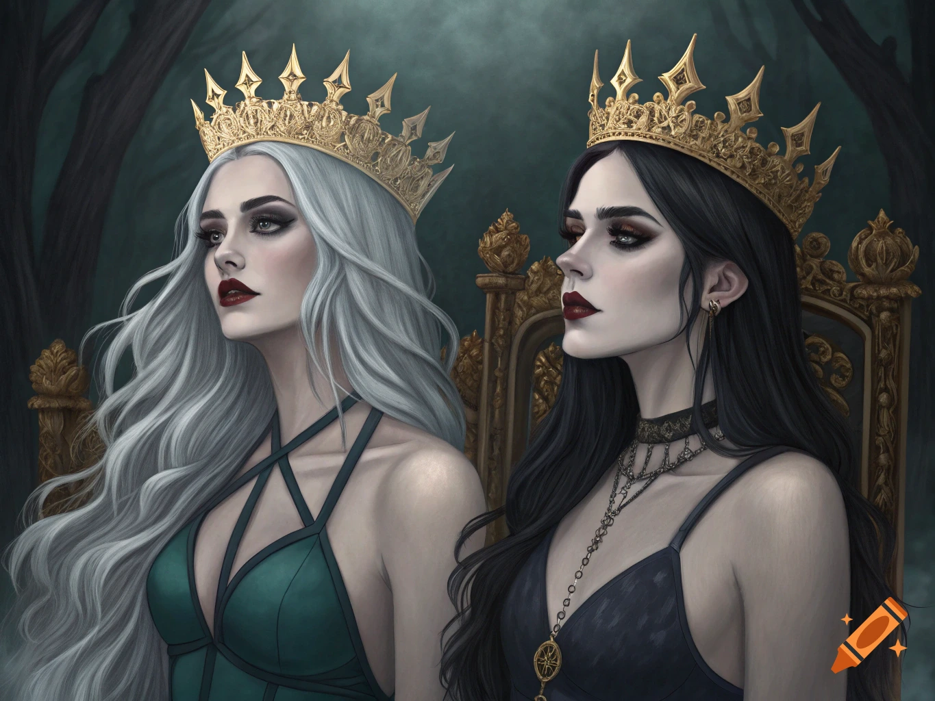 Two women with dark makeup and crowns, one with silver hair and one with black hair, pose in a dark, ornate setting.