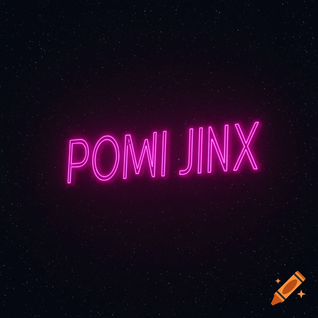 Pink neon sign reading 'POMNI JINX' against a dark starry background.