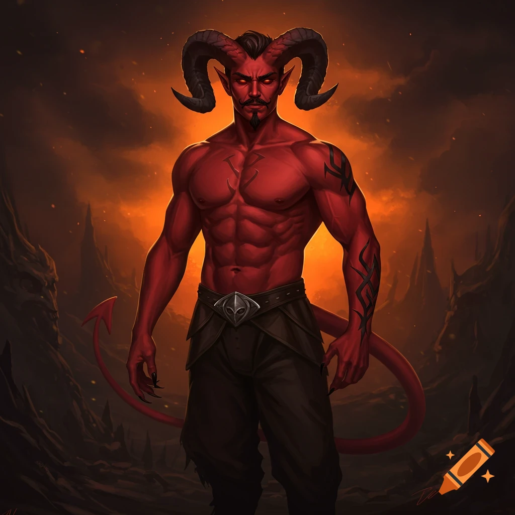 A red-skinned demon or tiefling with horns and tail stands in a fiery landscape.