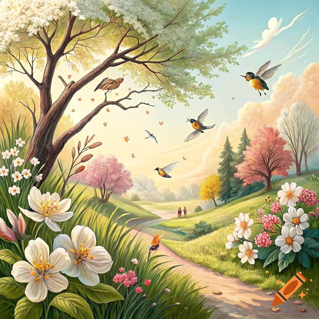 A vibrant spring landscape painting with blooming trees, flowers, birds flying, and a path winding through hills.