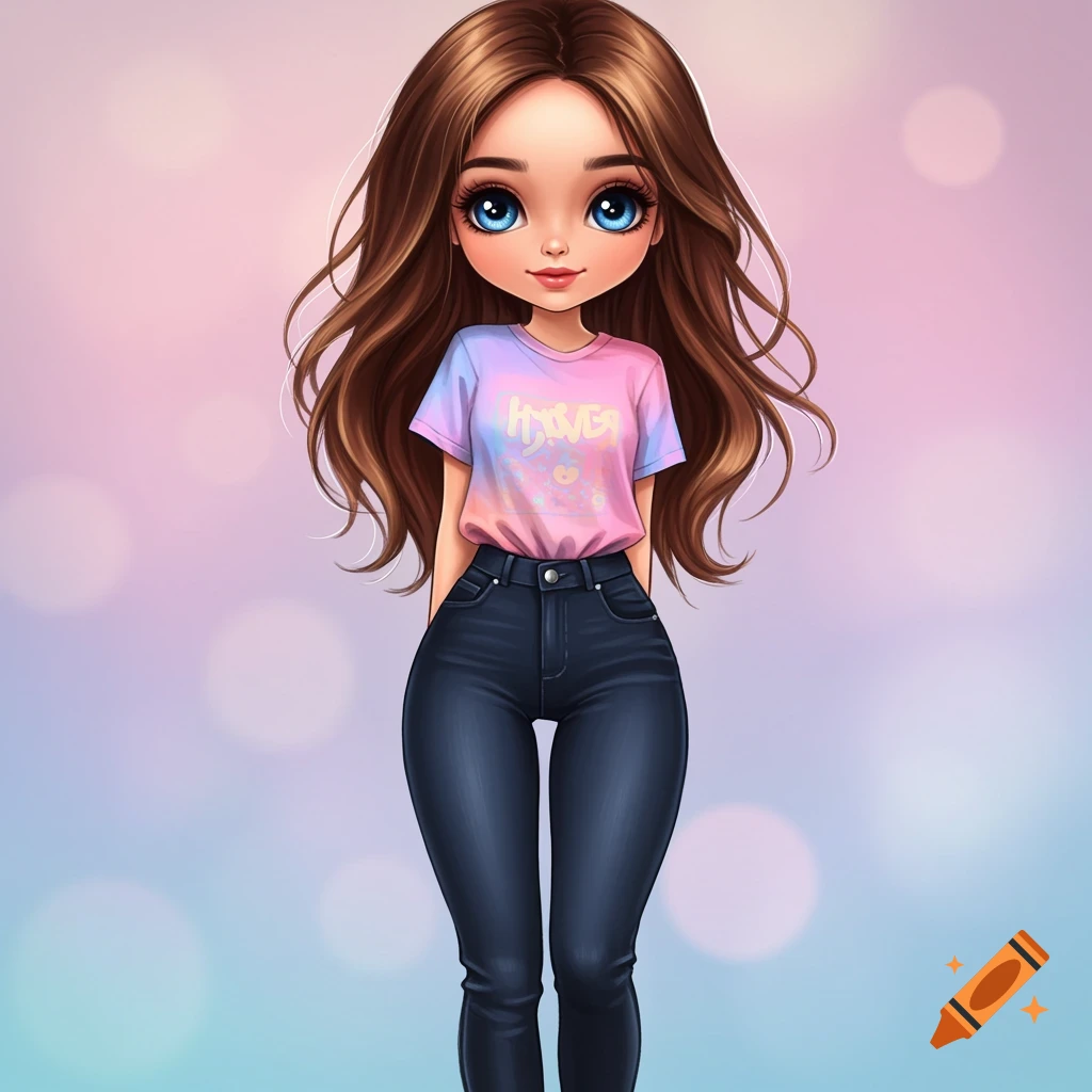 A cute cartoon girl with long brown hair and blue eyes wears a pastel t-shirt and dark jeans in an anime-inspired style.